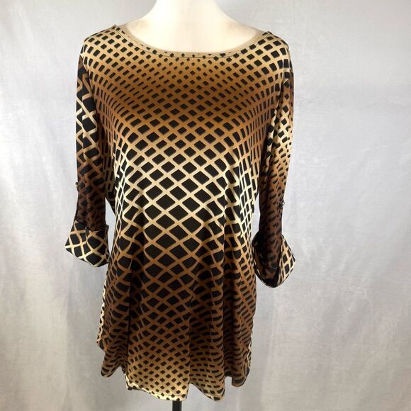 New directions brown cream and black geometric print tunic top size large - Picture 1 of 6